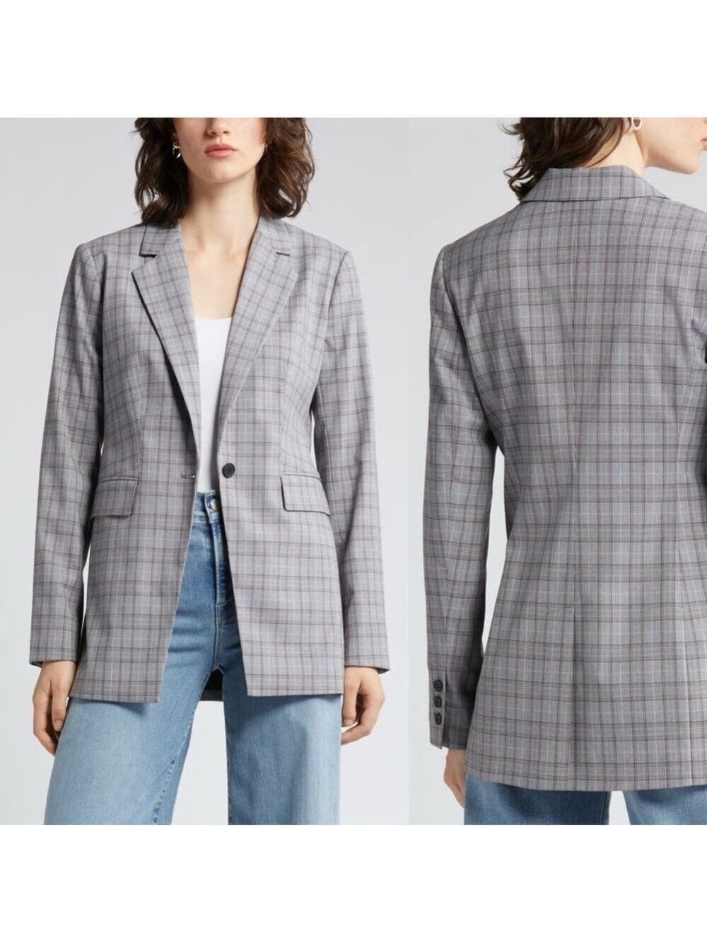 Women's Nordstrom Gray Red Plaid Blazer L